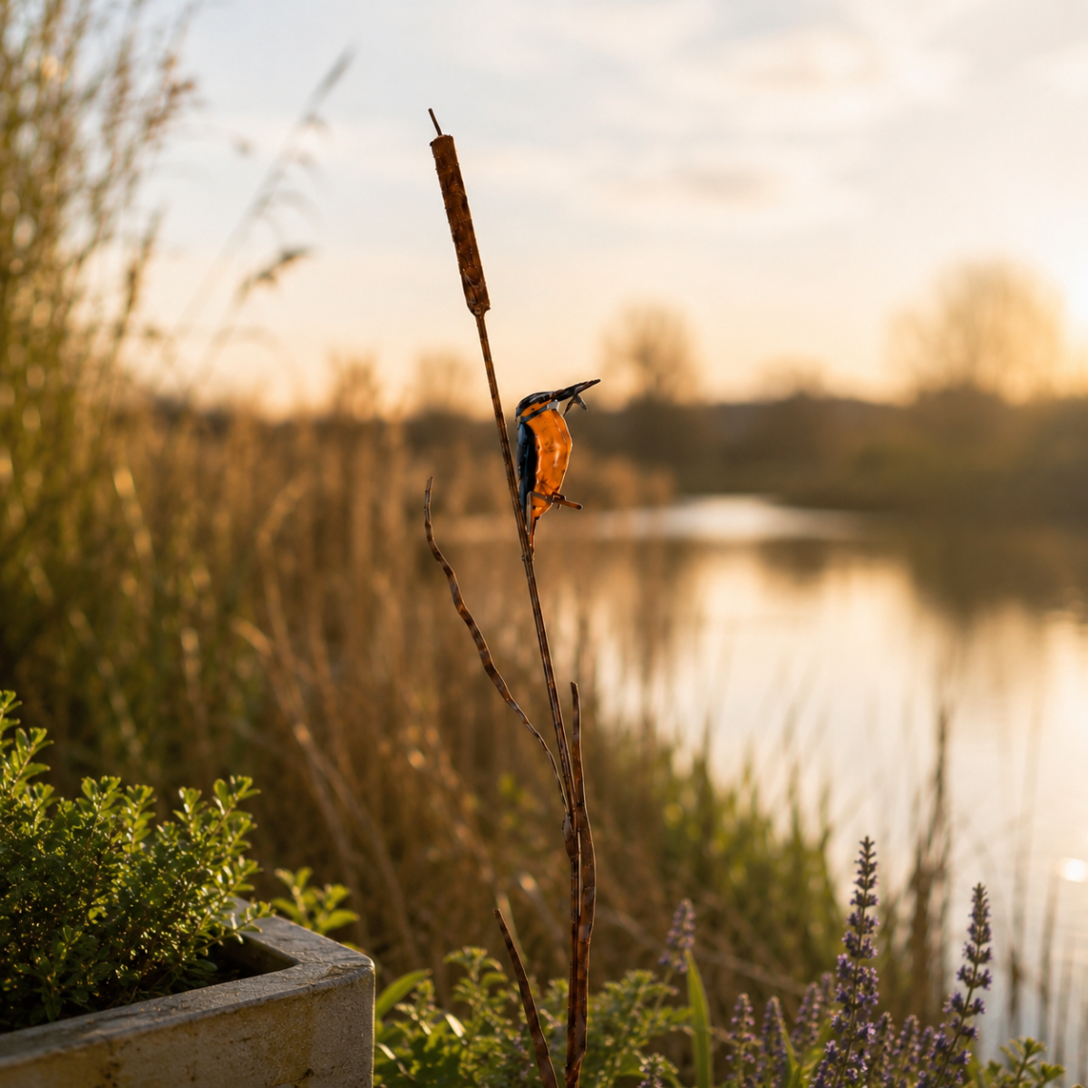 Tuinbeeld IJsvogel op rietstengel