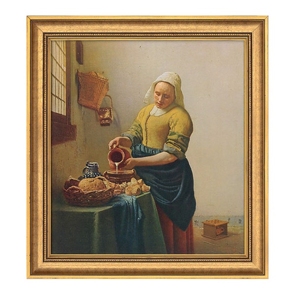 Glasschilderij - 50x50 cm - Melkmeisje - Barista - Cappuccino - Vermeer Glasschilderij - 50x50 cm - Melkmeisje - Barista - Cappuccino - Vermeer
