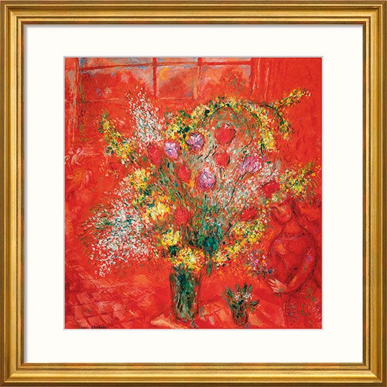 Marc Chagall schilderij - Fleurs sur fond rouge (79 x 79 cm)