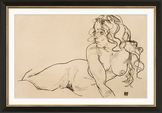 Egon Schiele schilderij - Staand naakt meisje met lang haar (51 x 73 cm)