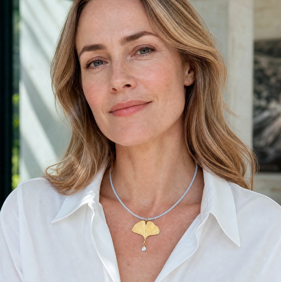 Ketting Petra Waszak Ginkgo met Aquamarijn Kralen